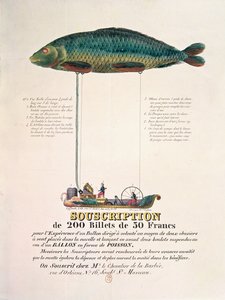 Cartaz anunciando a assinatura de um balão dirigível em forma de peixe